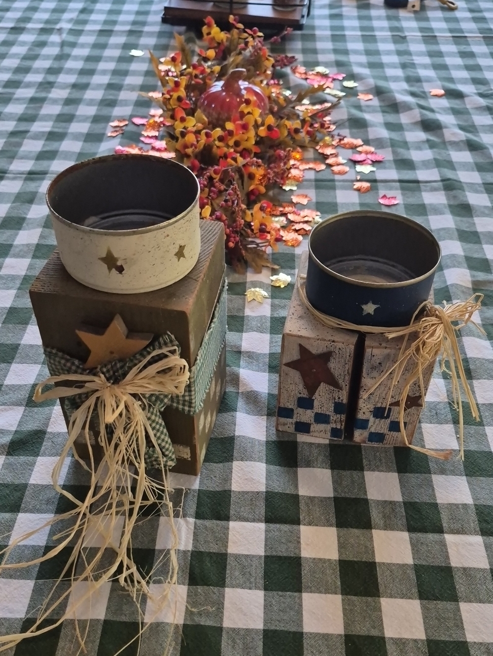 Primitive Star Rustic Candle Holder Set in Green and Blue